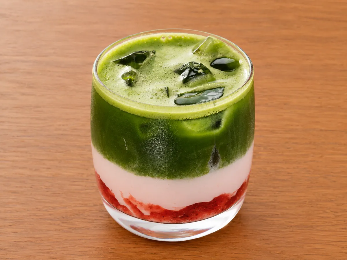 A berry matcha latte at Tessori — layers of berry compote, milk and iced matcha in a glass
